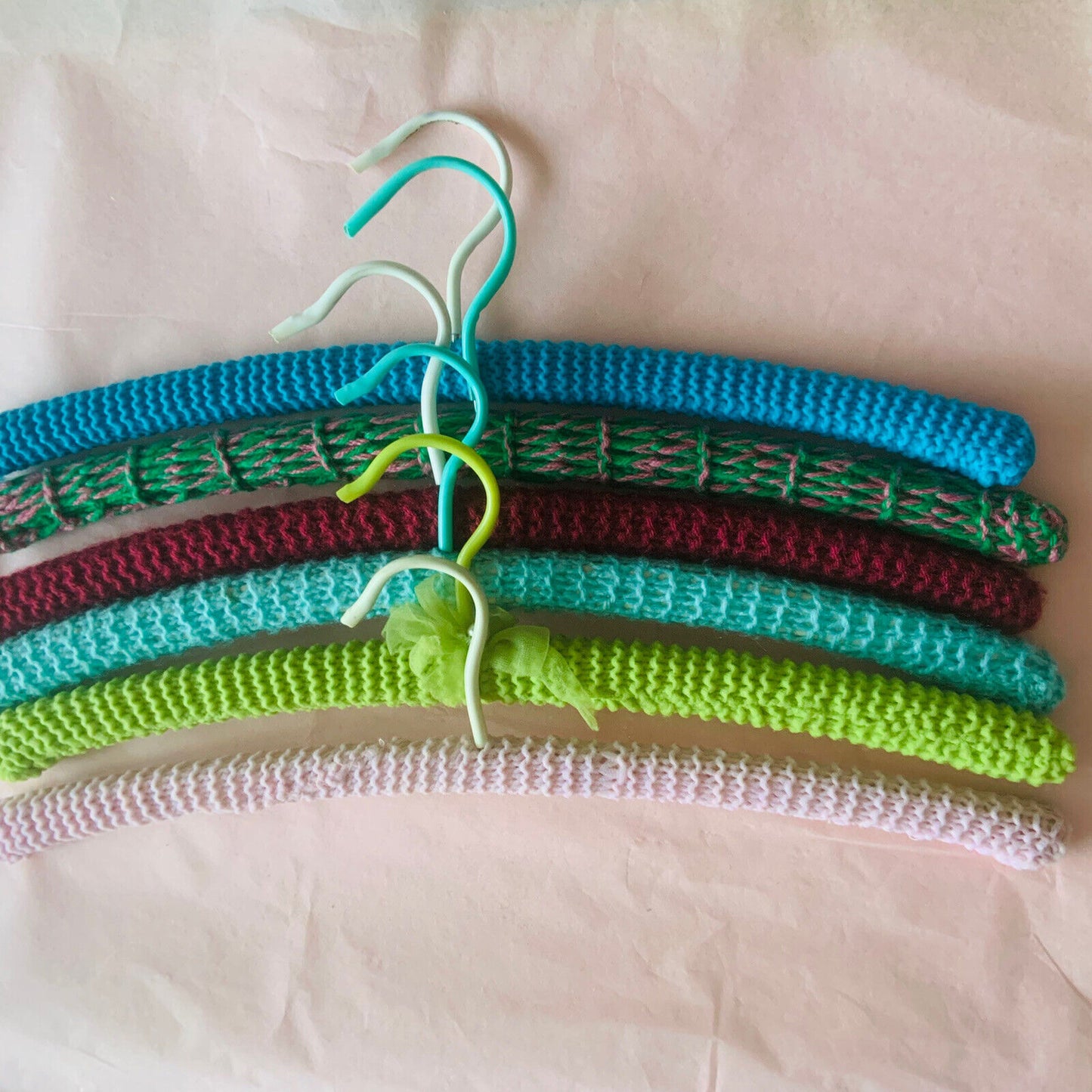 Vintage Covered Wooden Clothes Coat Hangers x6 Wool Yarn Knitted  1960's #33