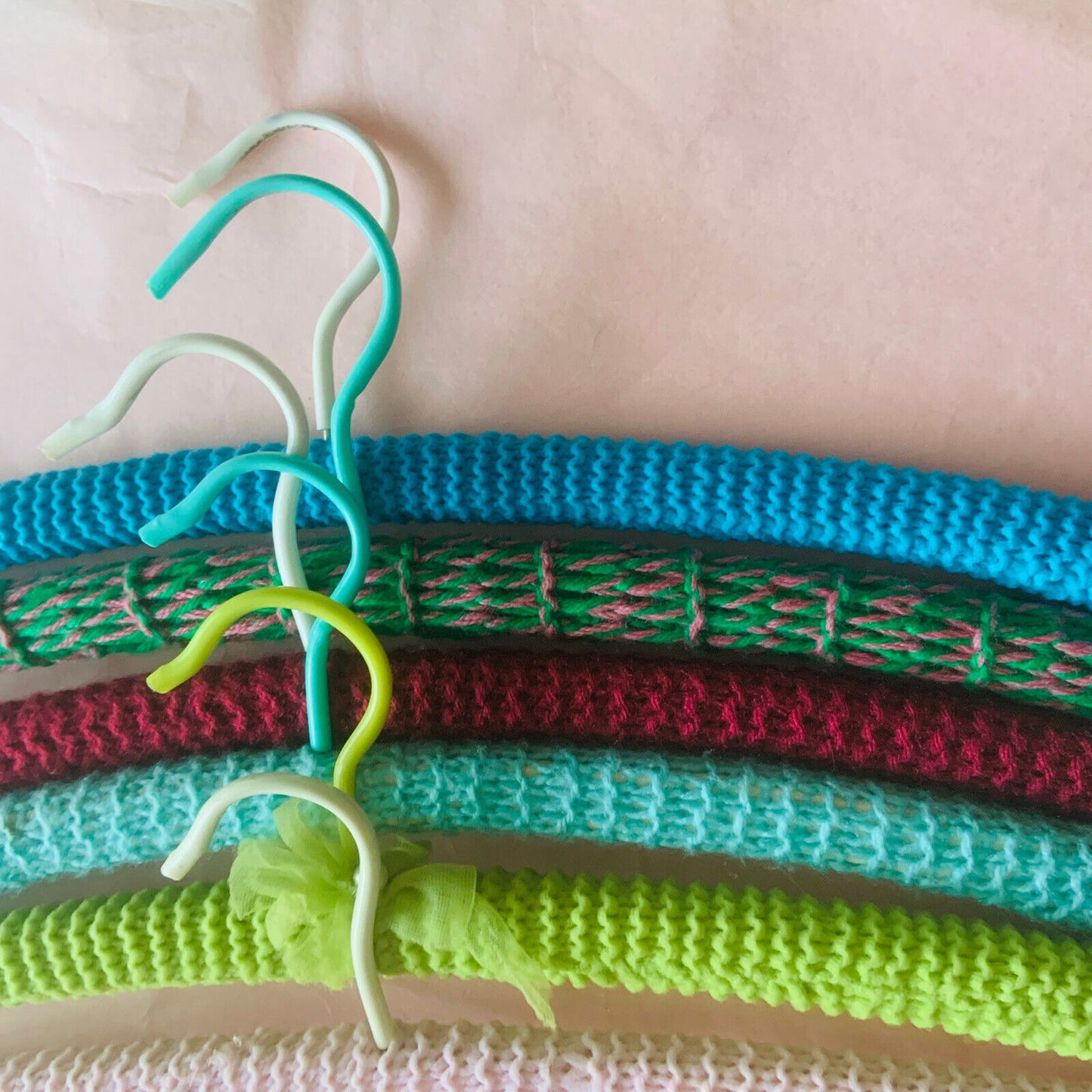 Vintage Covered Wooden Clothes Coat Hangers x6 Wool Yarn Knitted  1960's #33