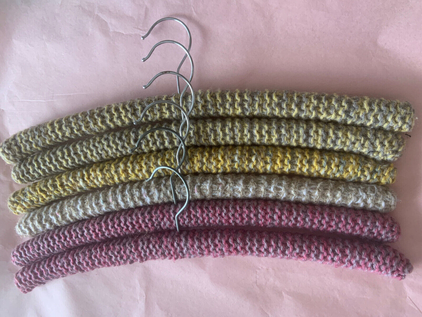 Vintage Covered Wooden Clothes Coat Hangers x 6 Wool Yarn Knitted  1960's #27