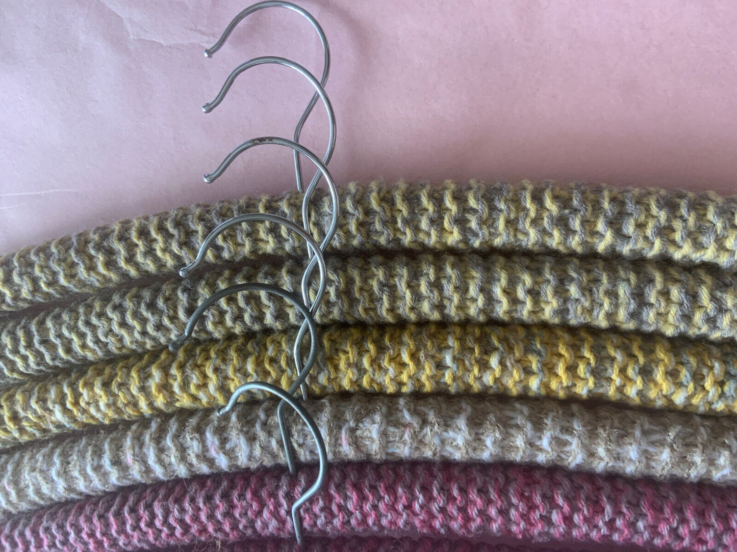 Vintage Covered Wooden Clothes Coat Hangers x 6 Wool Yarn Knitted  1960's #27