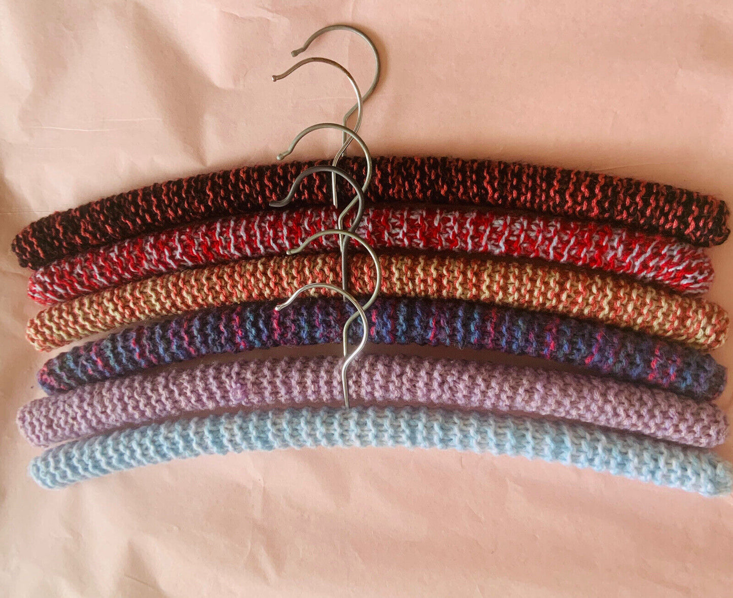 Vintage Covered Wooden Clothes Coat Hangers x 6 Wool Yarn Knitted 1960's #29