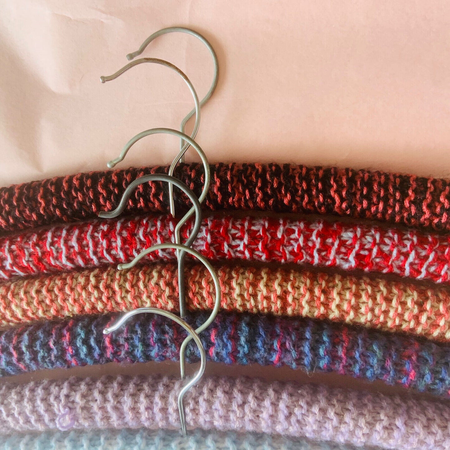 Vintage Covered Wooden Clothes Coat Hangers x 6 Wool Yarn Knitted 1960's #29