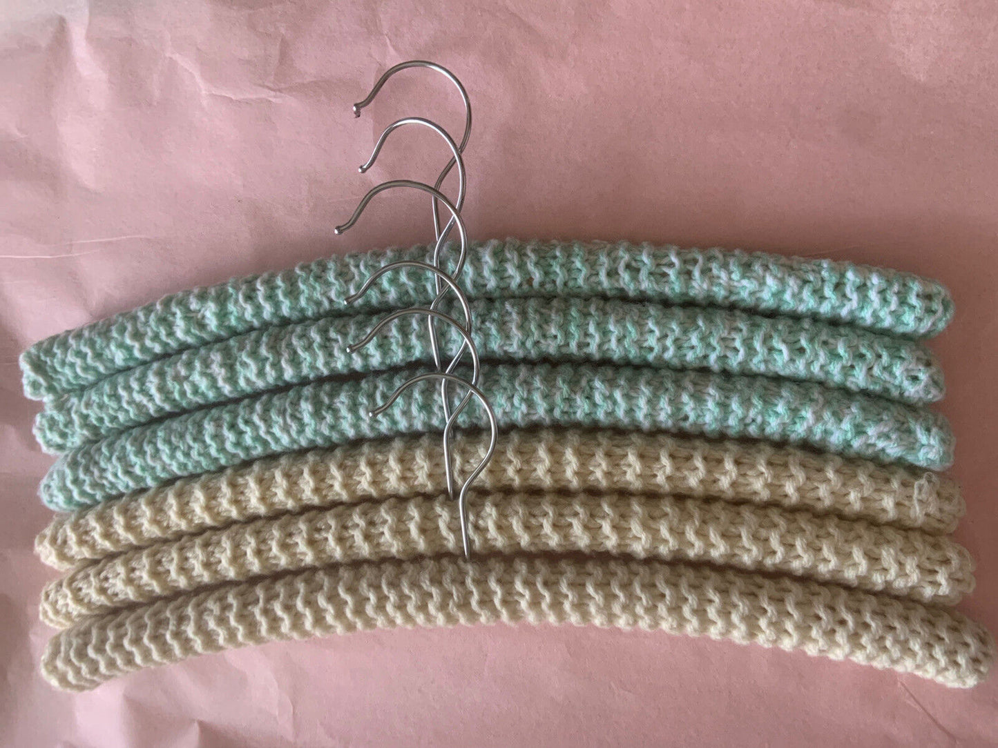Vintage Covered Wooden Clothes Coat Hangers x 6 Wool Yarn Knitted 1960's #24