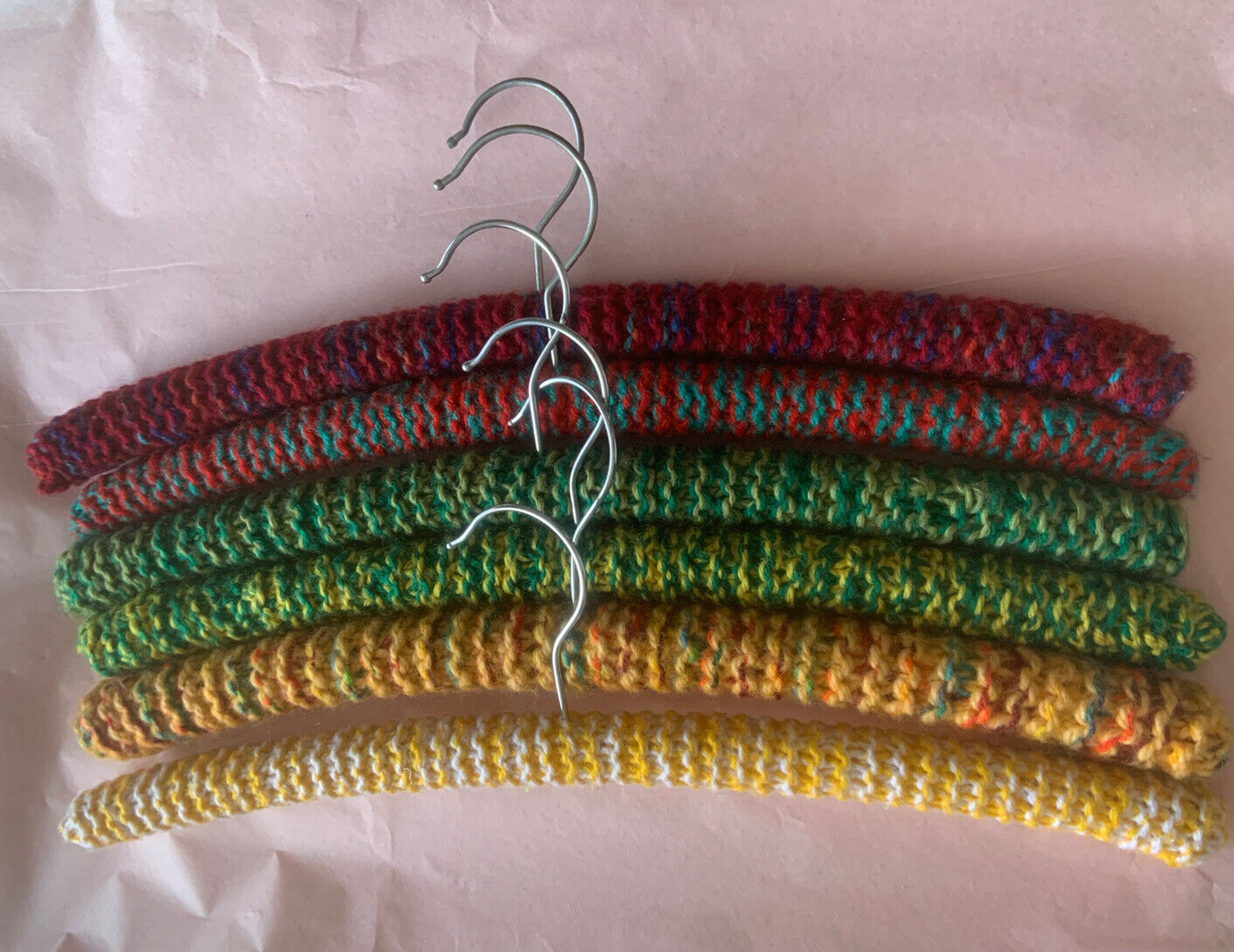 Vintage Covered Wooden Clothes Coat Hangers x 6 Wool Yarn Knitted 1960's #23