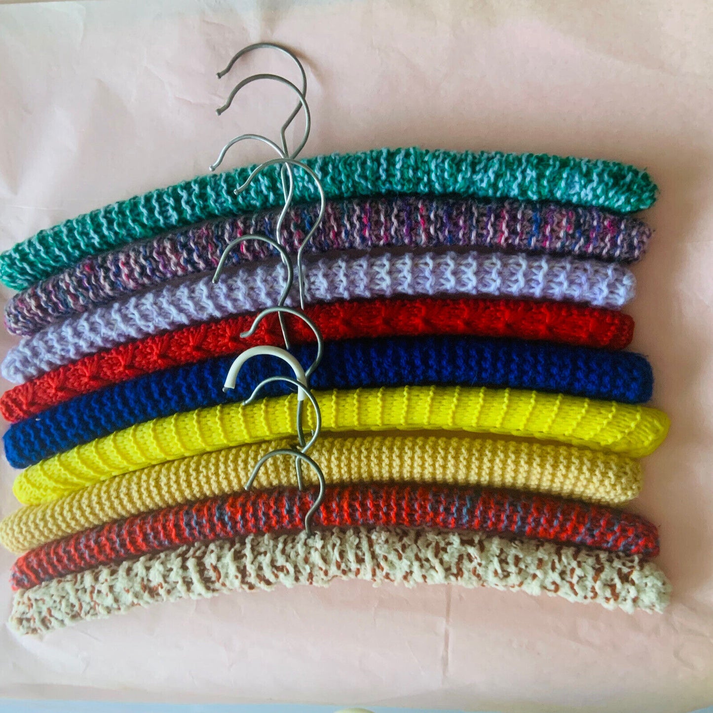 Vintage Covered Wooden Clothes Coat Hangers x 9 Wool Yarn Knitted 1960s #34