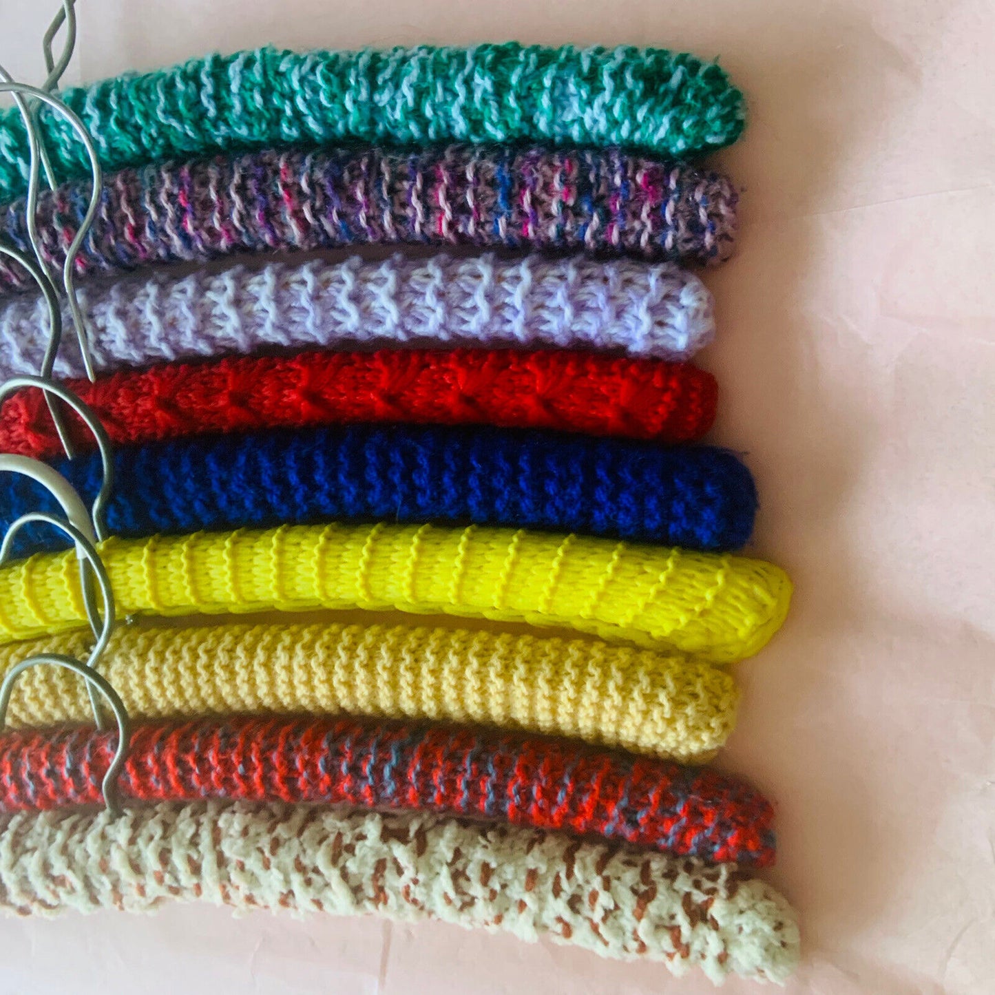 Vintage Covered Wooden Clothes Coat Hangers x 9 Wool Yarn Knitted 1960s #34