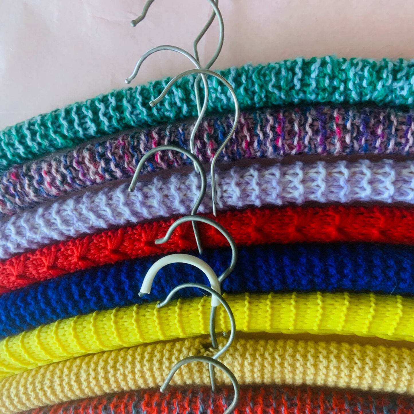 Vintage Covered Wooden Clothes Coat Hangers x 9 Wool Yarn Knitted 1960s #34