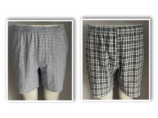 2 Pairs Mens Shorts Size L Elastic Waist Grey Black & Blue Yellow White Check