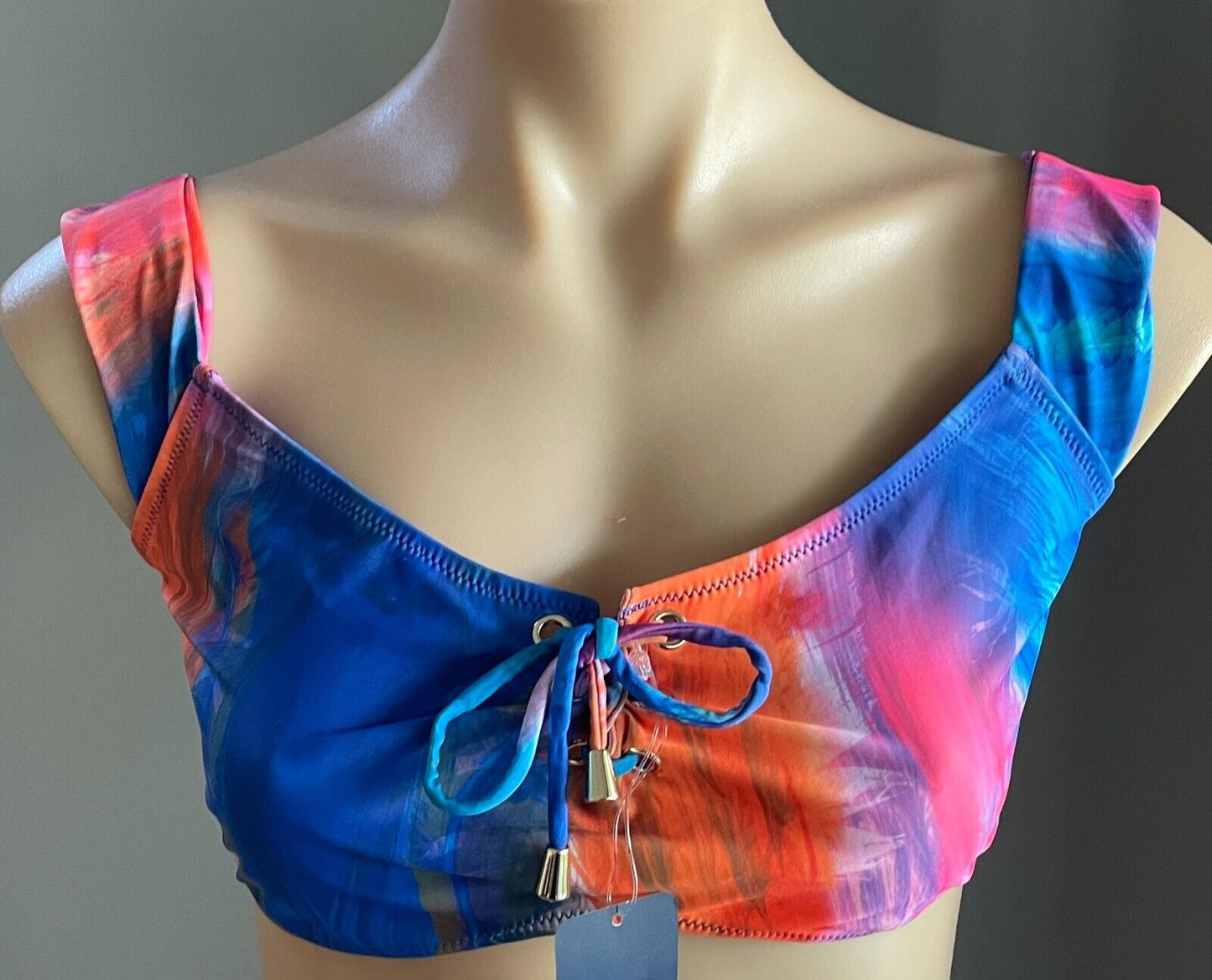 BRAS N THINGS BLUE RUBY Bikini Top Multicoloured Palms Dye Print Sz 14 Tie Front