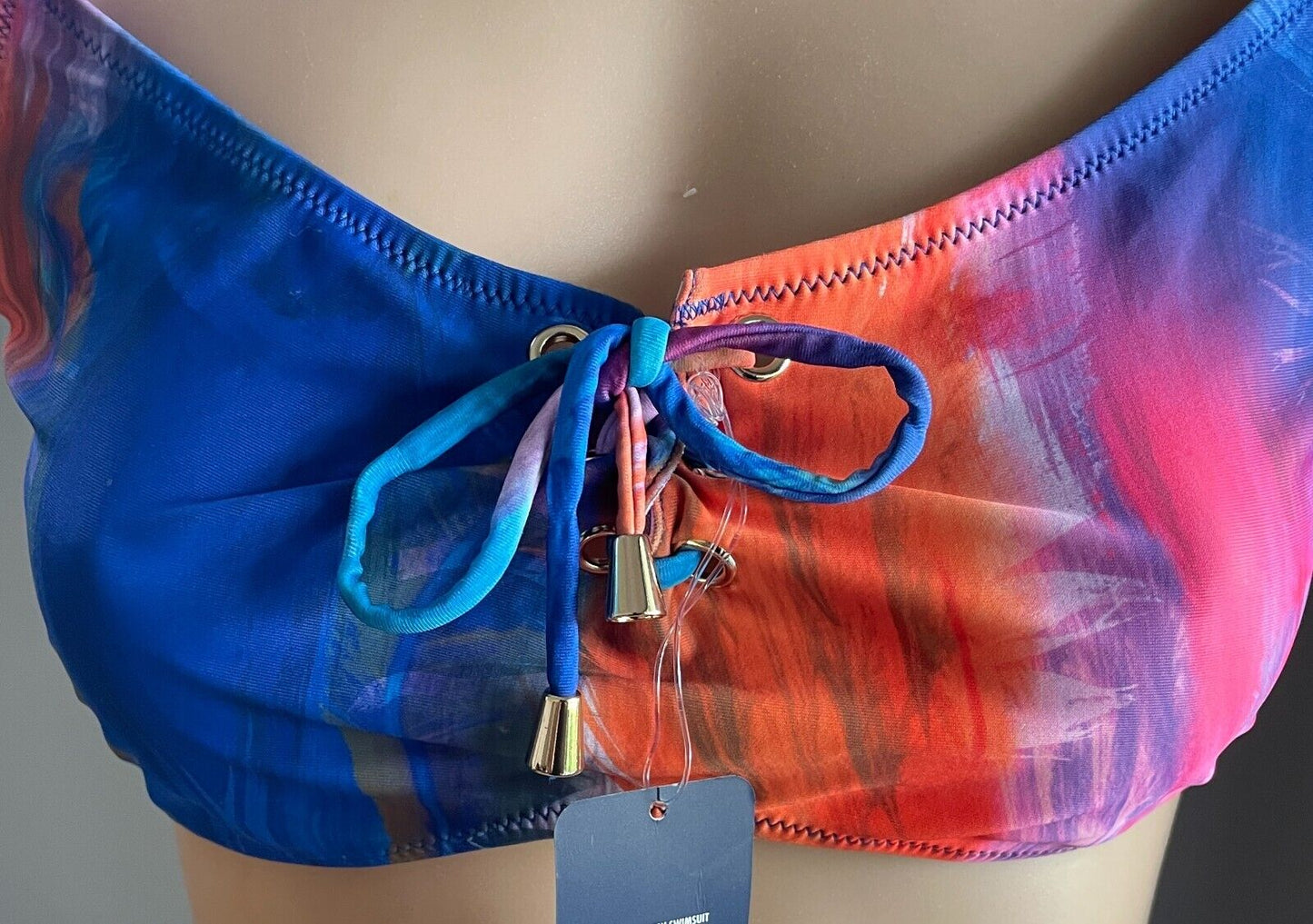 BRAS N THINGS BLUE RUBY Bikini Top Multicoloured Palms Dye Print Sz 14 Tie Front