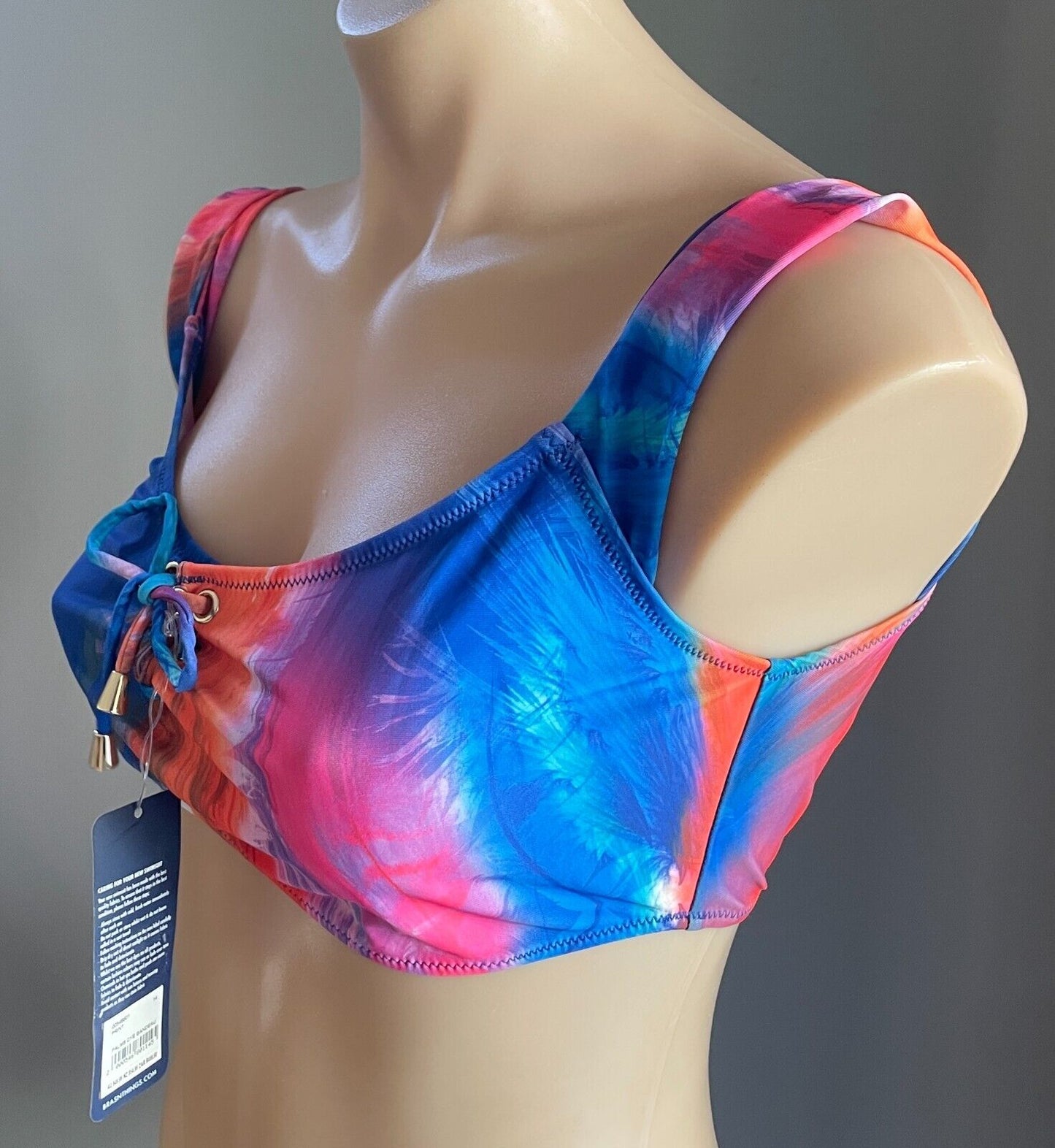 BRAS N THINGS BLUE RUBY Bikini Top Multicoloured Palms Dye Print Sz 14 Tie Front