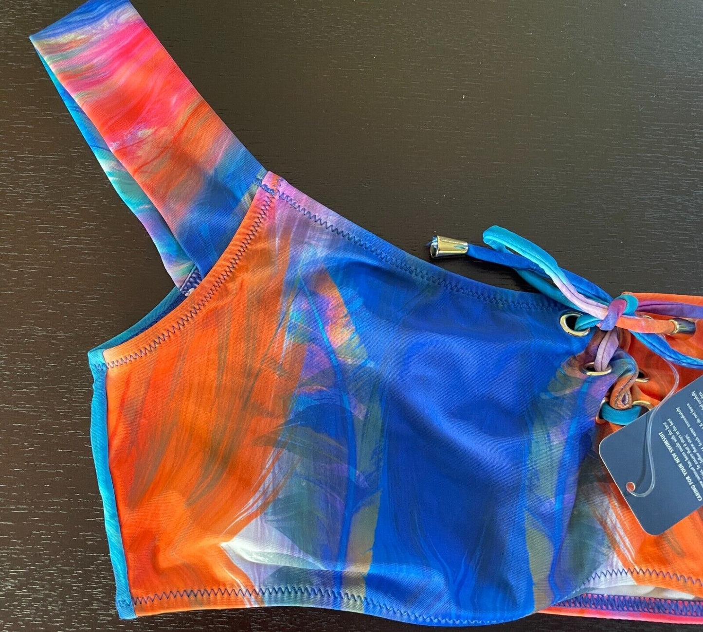 BRAS N THINGS BLUE RUBY Bikini Top Multicoloured Palms Dye Print Sz 14 Tie Front