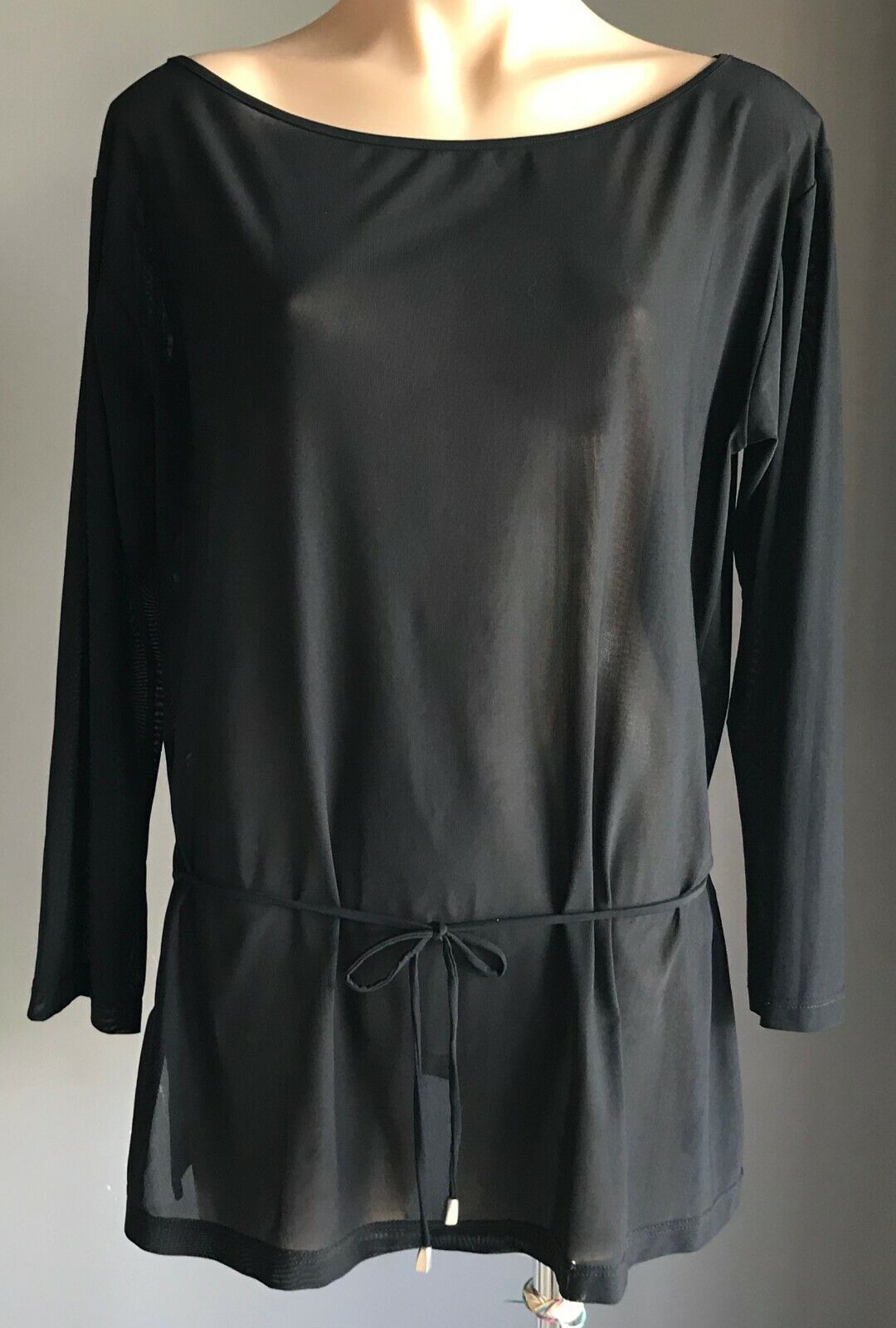 SEAFOLLY Beach Cover Top Black Mesh Net Long Sleeve Tunic Waist Tie Size L 12 14
