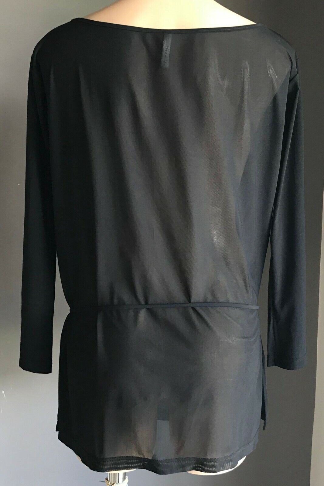SEAFOLLY Beach Cover Top Black Mesh Net Long Sleeve Tunic Waist Tie Size L 12 14