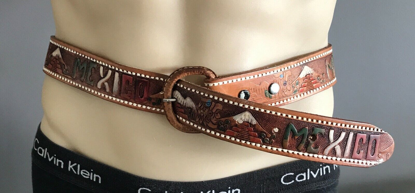 Mens LEATHER Belt MEXICO Theme Souvenir Tooled Etched & Coloured Tan Size 36