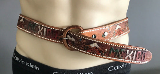 Mens LEATHER Belt MEXICO Theme Souvenir Tooled Etched & Coloured Tan Size 36