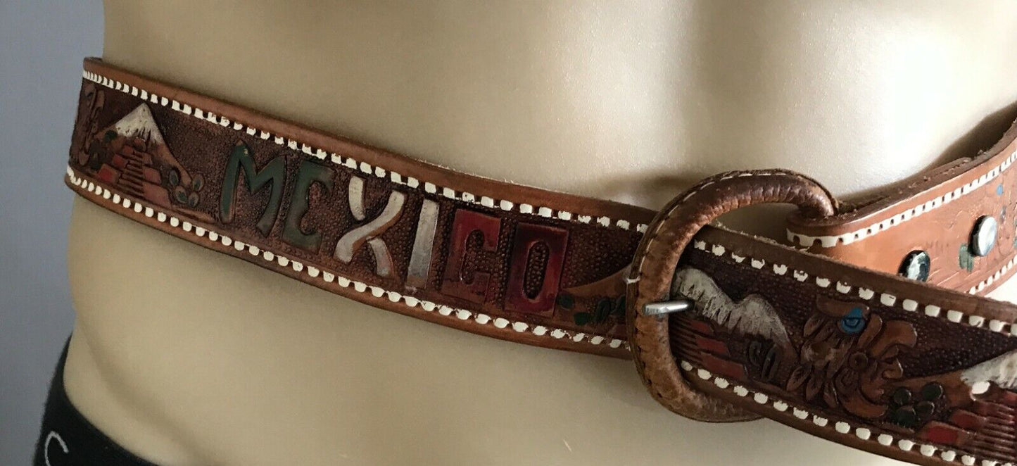 Mens LEATHER Belt MEXICO Theme Souvenir Tooled Etched & Coloured Tan Size 36