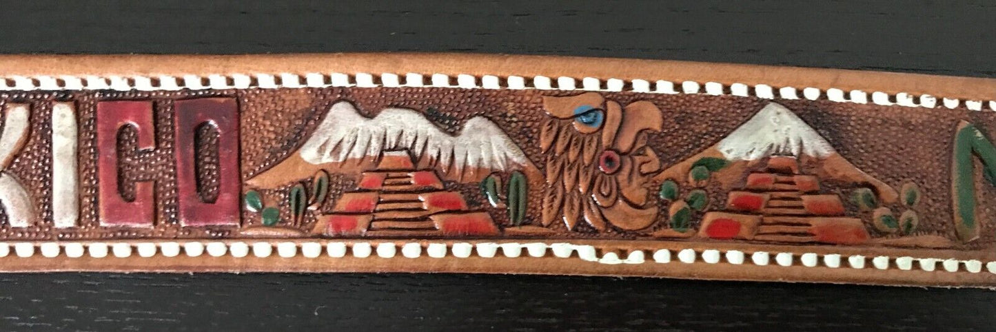 Mens LEATHER Belt MEXICO Theme Souvenir Tooled Etched & Coloured Tan Size 36