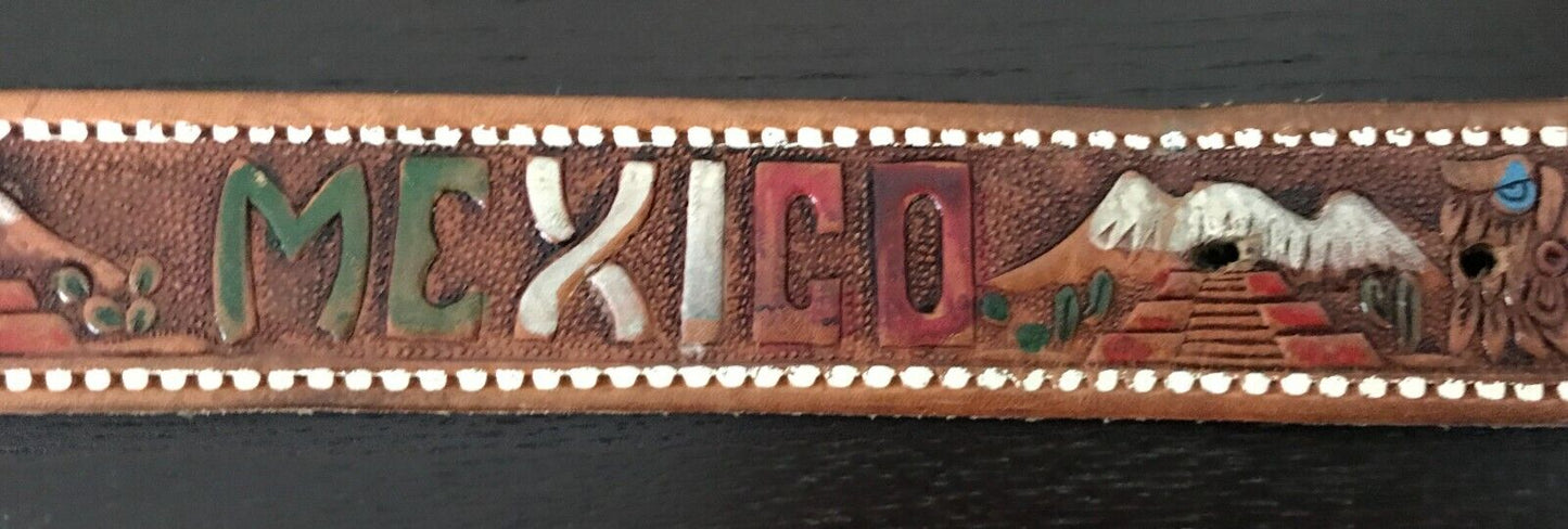 Mens LEATHER Belt MEXICO Theme Souvenir Tooled Etched & Coloured Tan Size 36