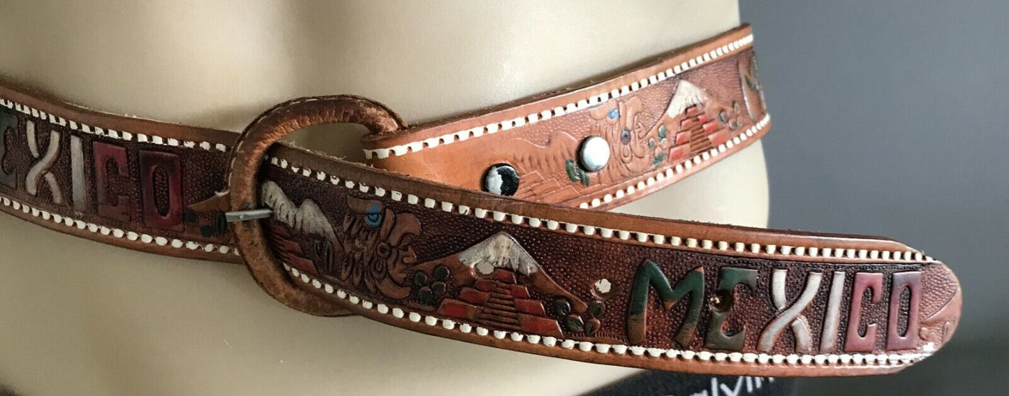 Mens LEATHER Belt MEXICO Theme Souvenir Tooled Etched & Coloured Tan Size 36