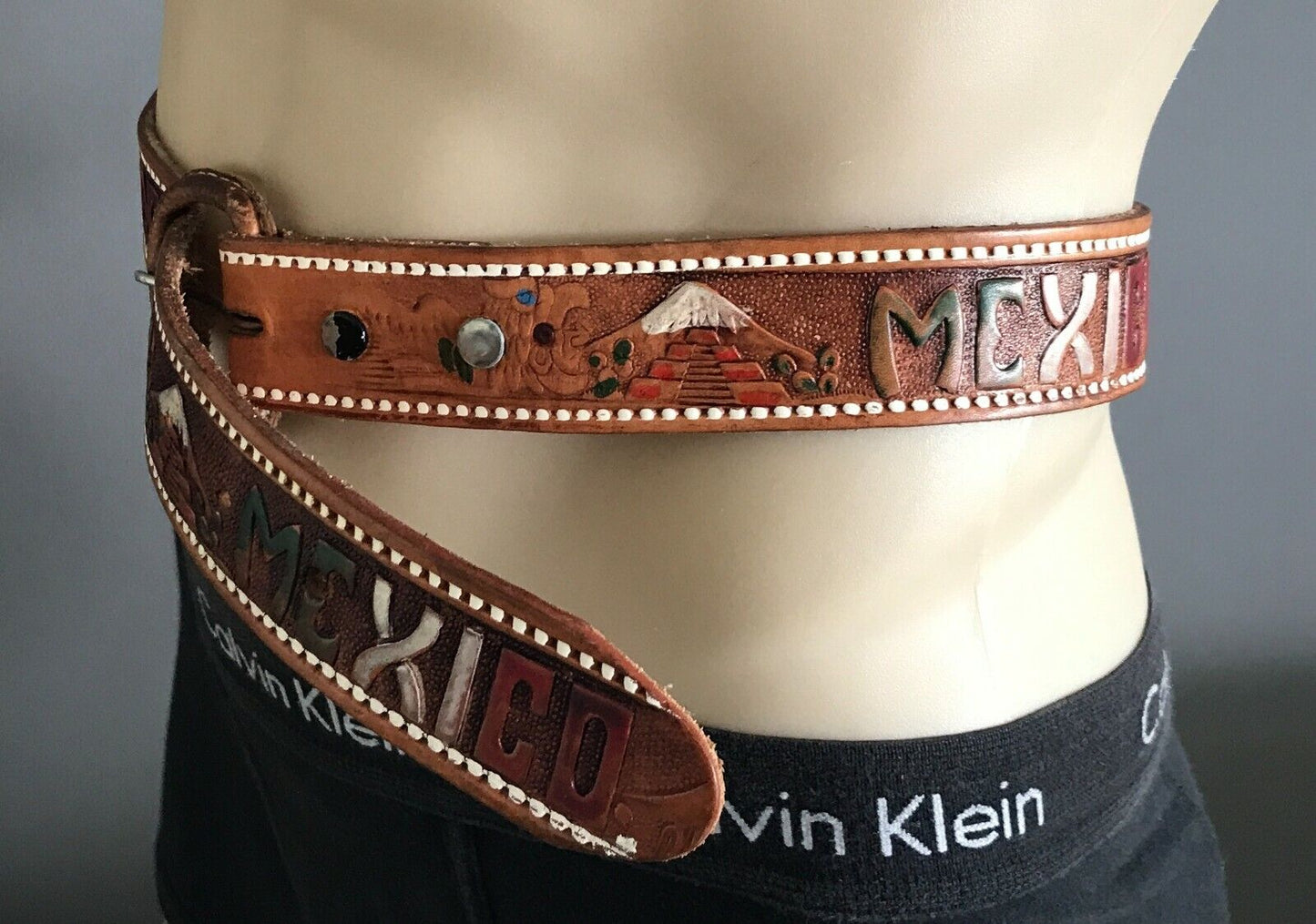 Mens LEATHER Belt MEXICO Theme Souvenir Tooled Etched & Coloured Tan Size 36