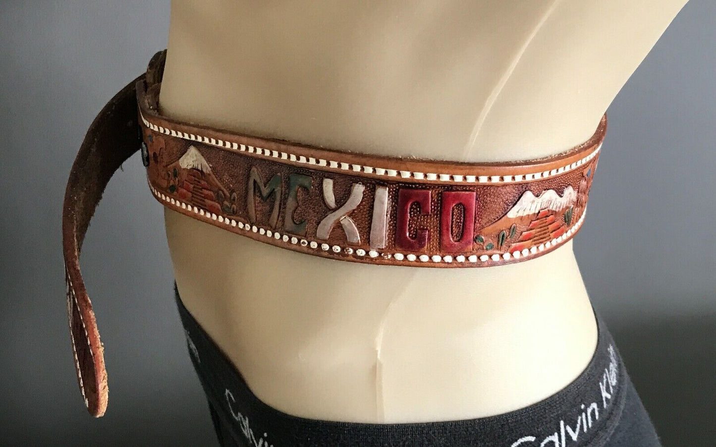 Mens LEATHER Belt MEXICO Theme Souvenir Tooled Etched & Coloured Tan Size 36