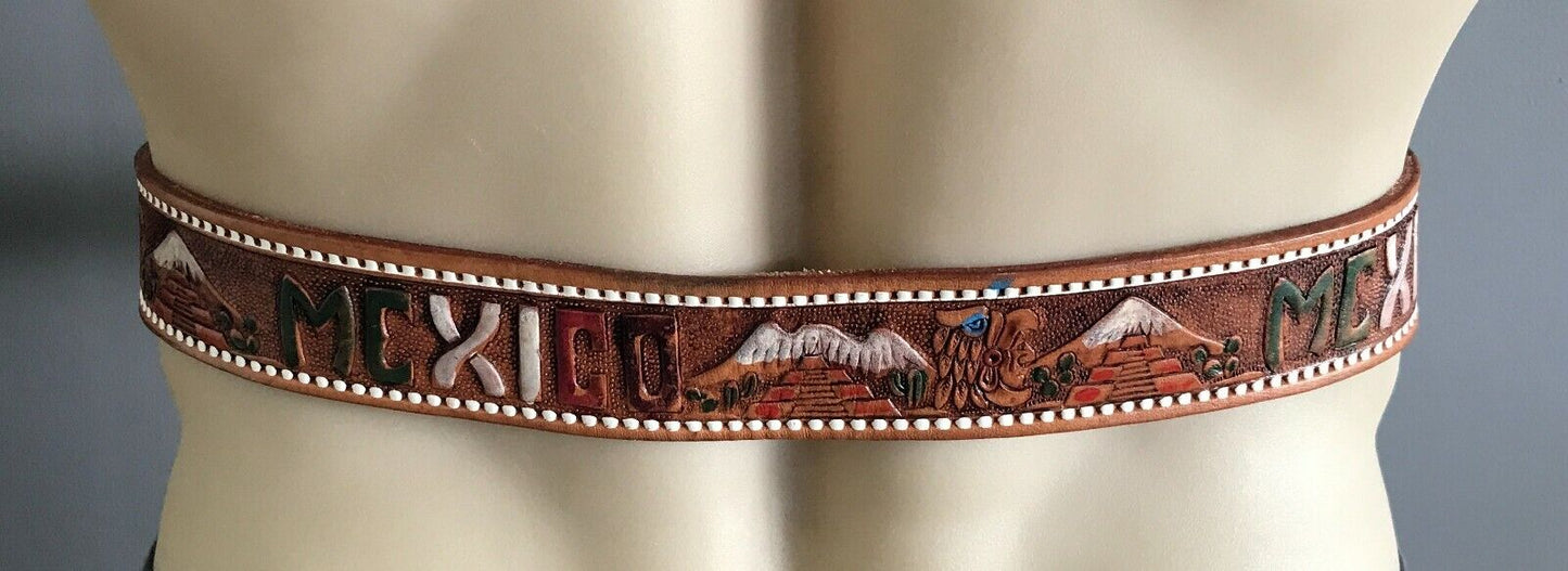 Mens LEATHER Belt MEXICO Theme Souvenir Tooled Etched & Coloured Tan Size 36
