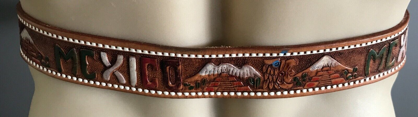 Mens LEATHER Belt MEXICO Theme Souvenir Tooled Etched & Coloured Tan Size 36