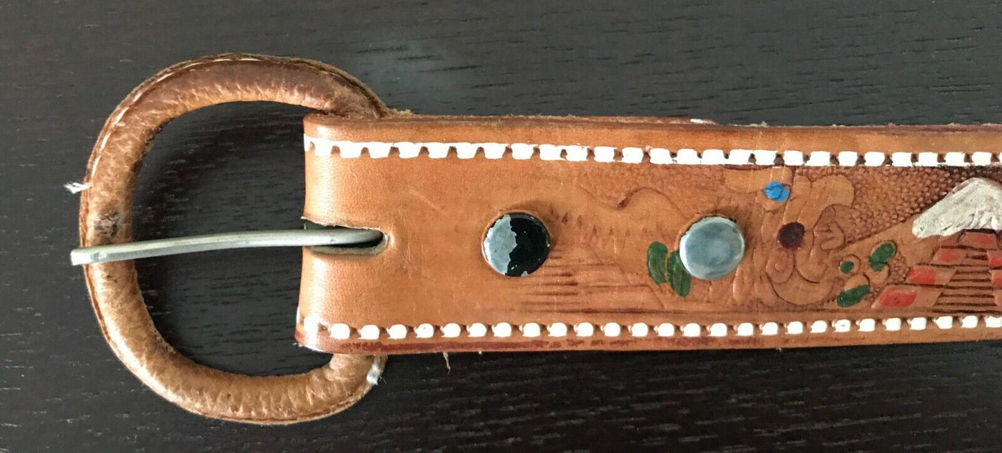 Mens LEATHER Belt MEXICO Theme Souvenir Tooled Etched & Coloured Tan Size 36