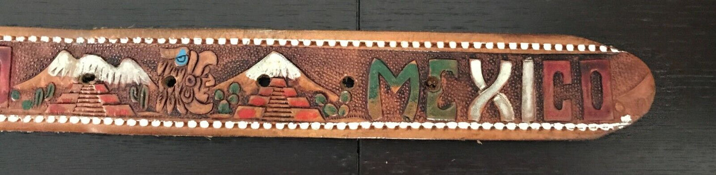 Mens LEATHER Belt MEXICO Theme Souvenir Tooled Etched & Coloured Tan Size 36