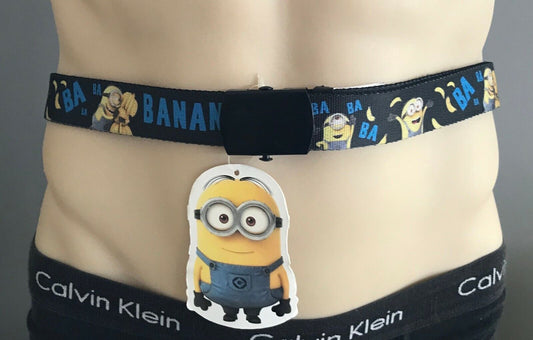 Mens Belt DESPICABLE ME 3.5cm Wide Minions Banana Print Ratchet Buckle 117cm NEW