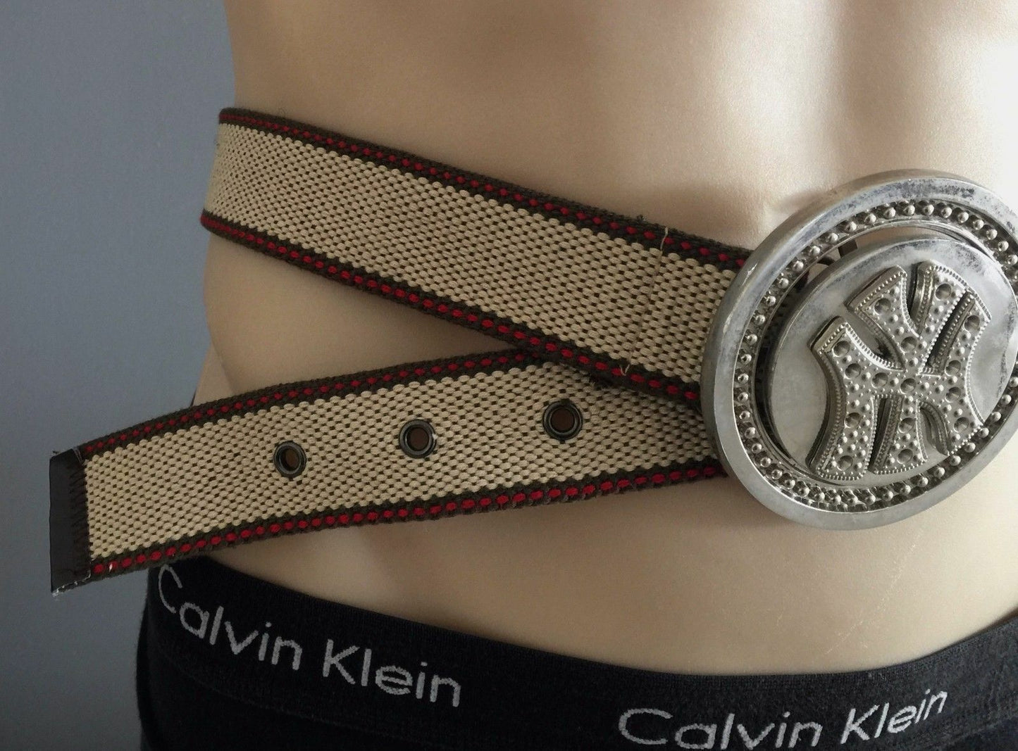 Mens CANVAS Belt 3.5cm Retro "Spinning" Silver Buckle Belt Beige Size S M Unique