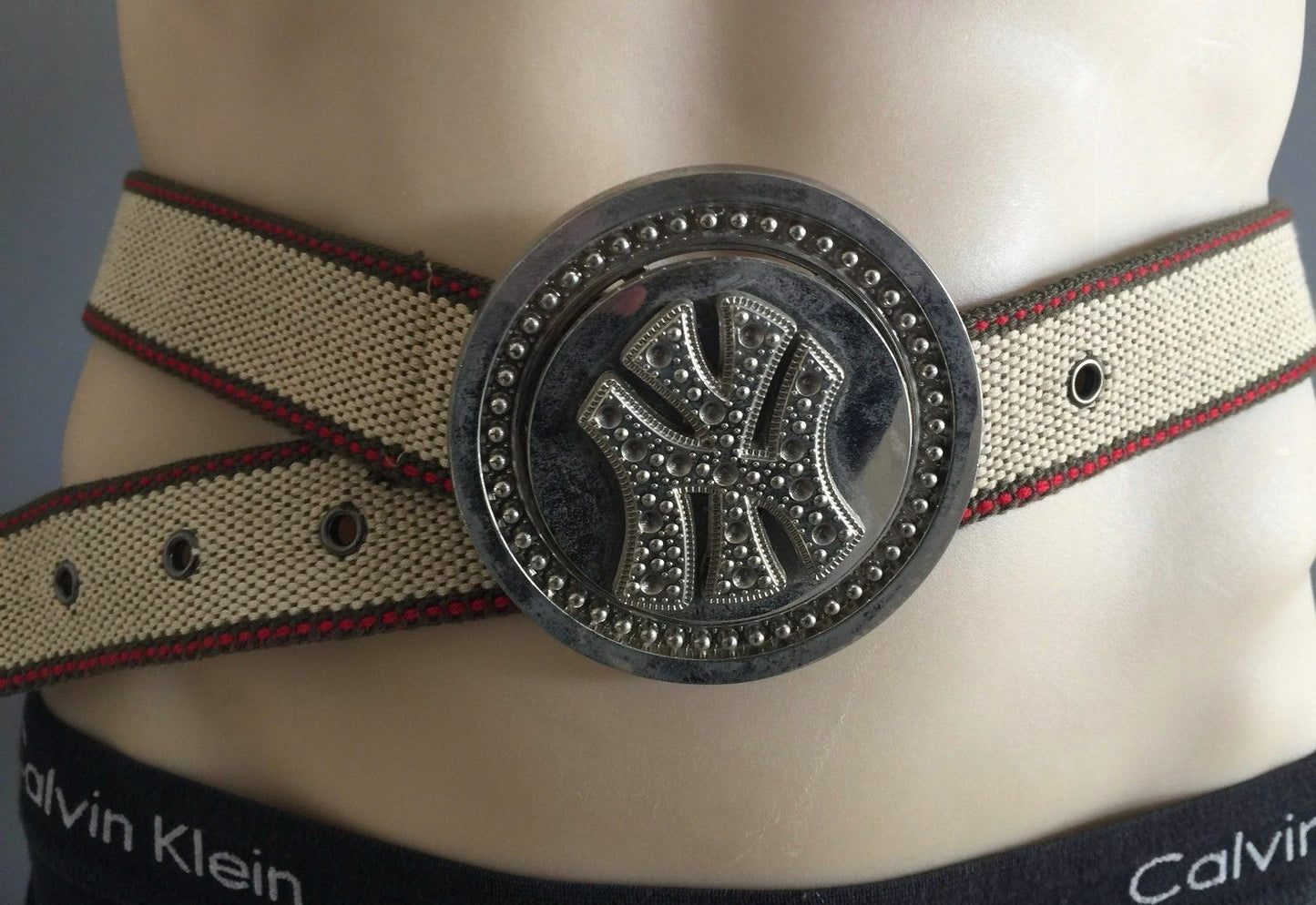 Mens CANVAS Belt 3.5cm Retro "Spinning" Silver Buckle Belt Beige Size S M Unique