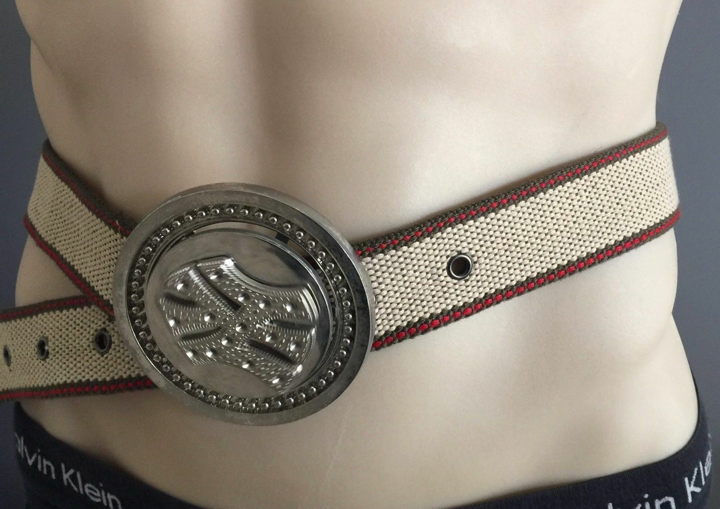 Mens CANVAS Belt 3.5cm Retro "Spinning" Silver Buckle Belt Beige Size S M Unique