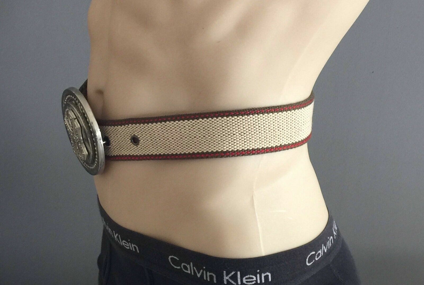Mens CANVAS Belt 3.5cm Retro "Spinning" Silver Buckle Belt Beige Size S M Unique