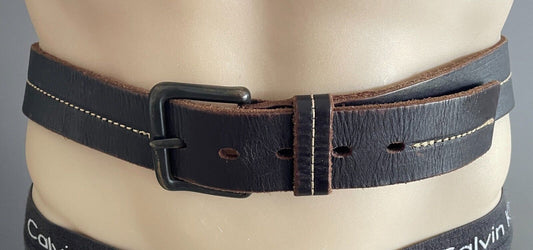 COLORADO LEATHER Belt Brown Contrast Stitch Trim Mens Sz M Waist 90 100 4cm Wide