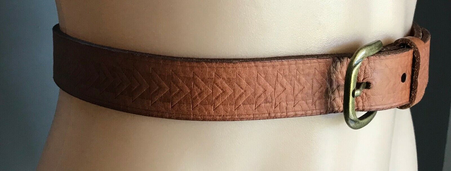 Mens LEATHER Belt 3cm Belt Embossed Tan w Bronze Buckle To Fit Waist 97 - 110cm