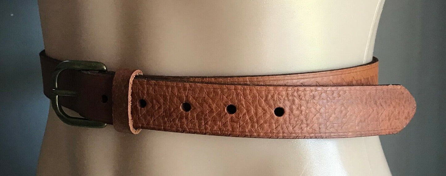 Mens LEATHER Belt 3cm Belt Embossed Tan w Bronze Buckle To Fit Waist 97 - 110cm