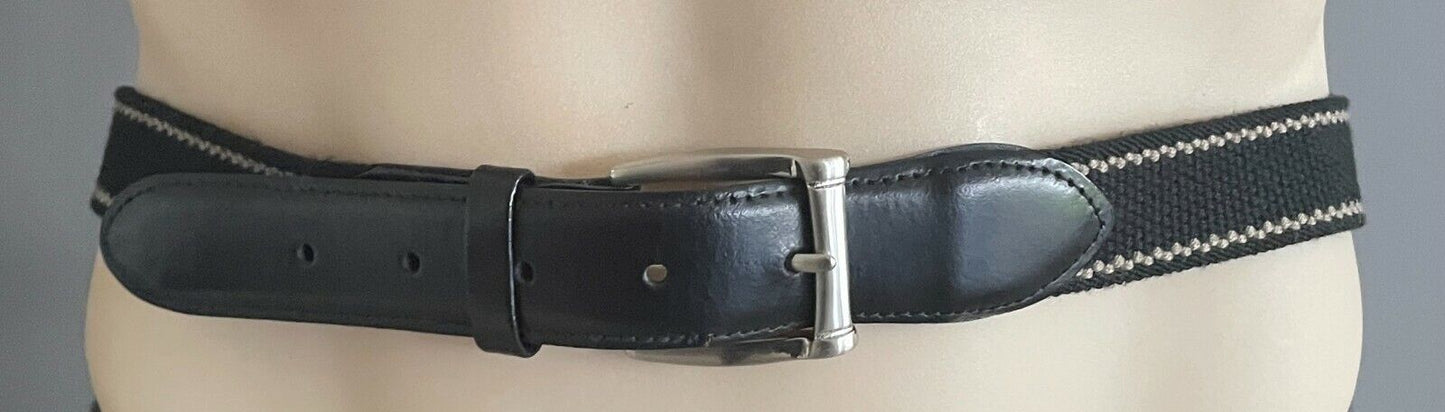 Mens CANVAS Belt Black & Brown Elasticised w Black Leather Trim Size 42 102