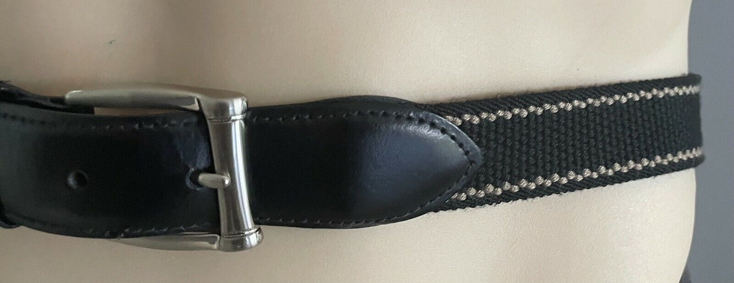 Mens CANVAS Belt Black & Brown Elasticised w Black Leather Trim Size 42 102
