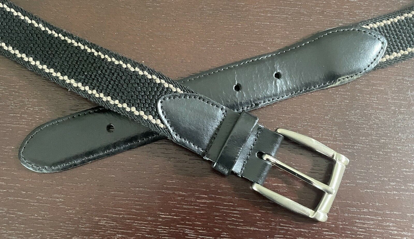 Mens CANVAS Belt Black & Brown Elasticised w Black Leather Trim Size 42 102