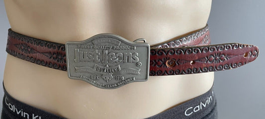JUST JEANS Mens LEATHER Belt Etched Tan Western Cowboy Removable Sz 40 3cm Wide