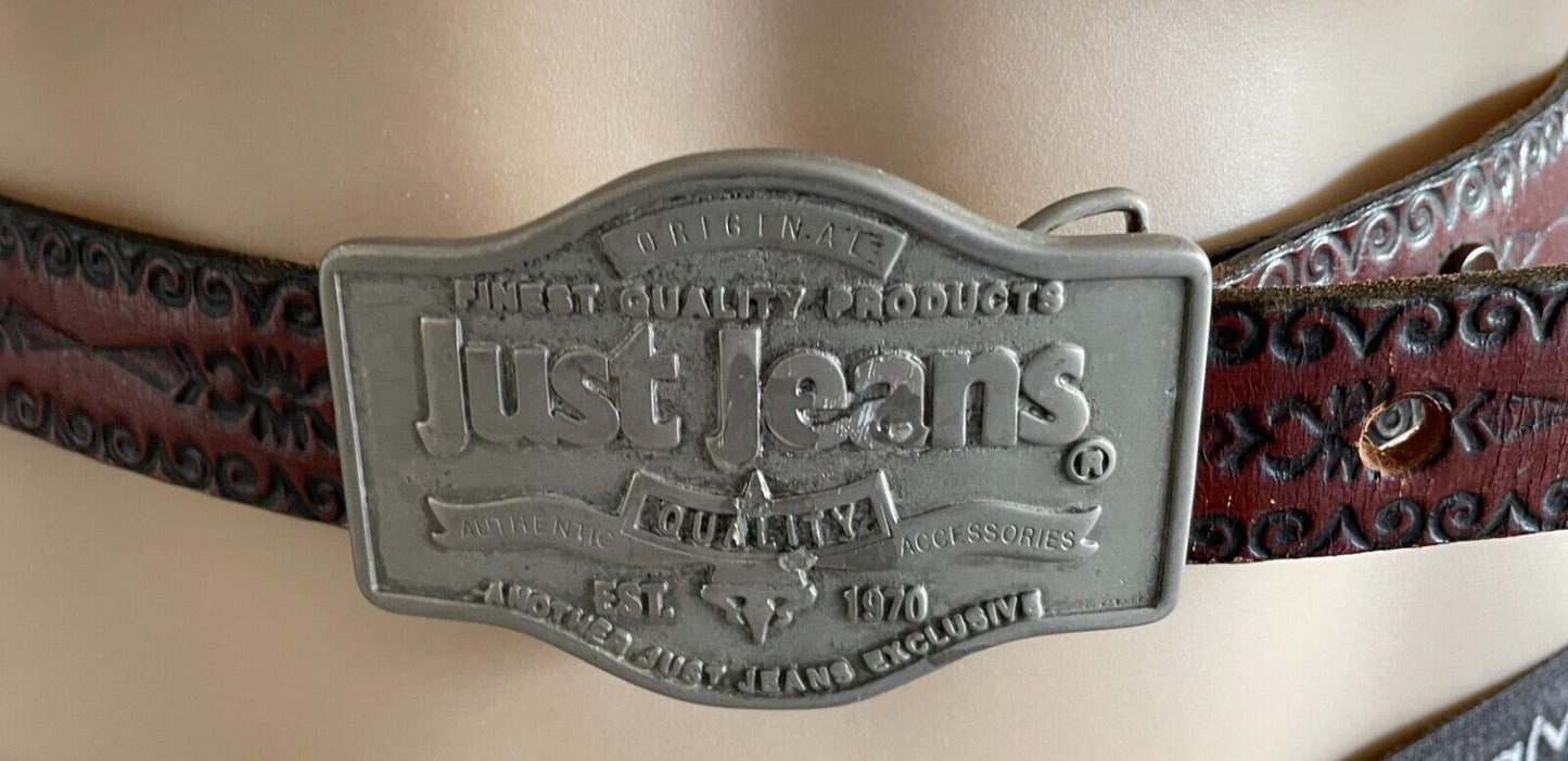 JUST JEANS Mens LEATHER Belt Etched Tan Western Cowboy Removable Sz 40 3cm Wide