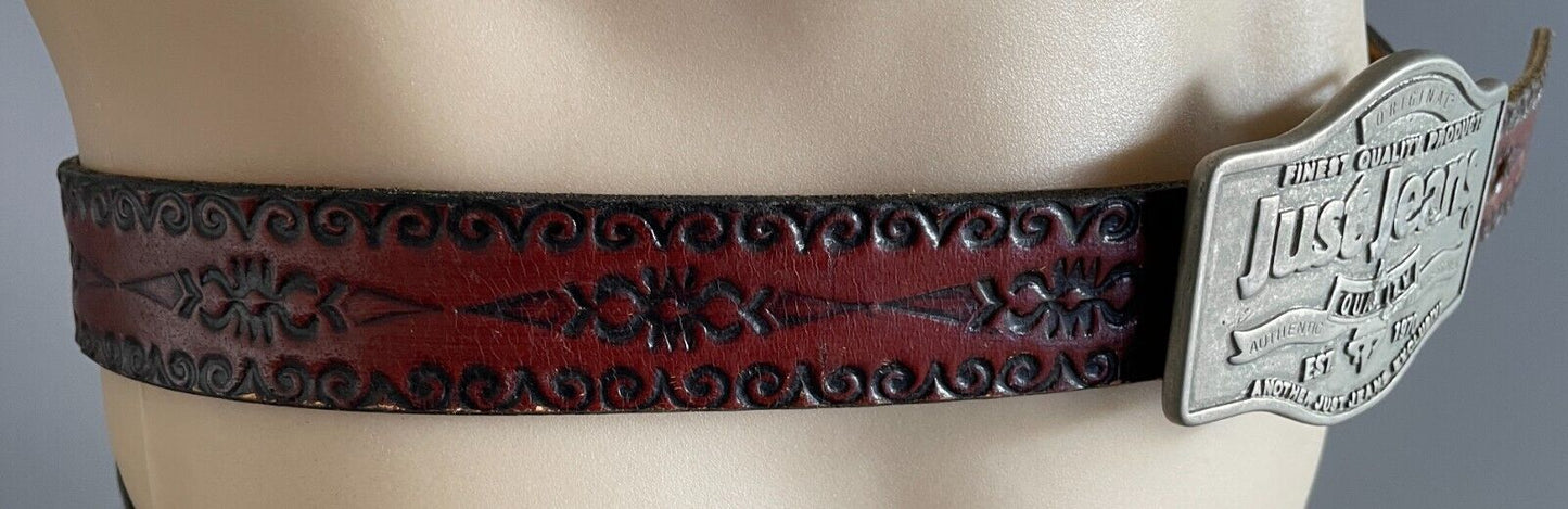 JUST JEANS Mens LEATHER Belt Etched Tan Western Cowboy Removable Sz 40 3cm Wide