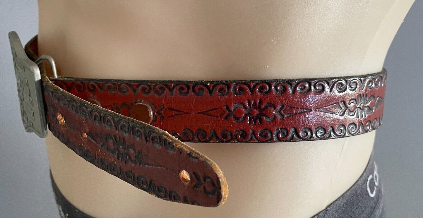JUST JEANS Mens LEATHER Belt Etched Tan Western Cowboy Removable Sz 40 3cm Wide