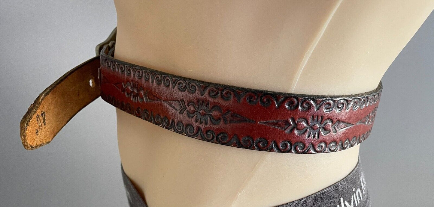 JUST JEANS Mens LEATHER Belt Etched Tan Western Cowboy Removable Sz 40 3cm Wide