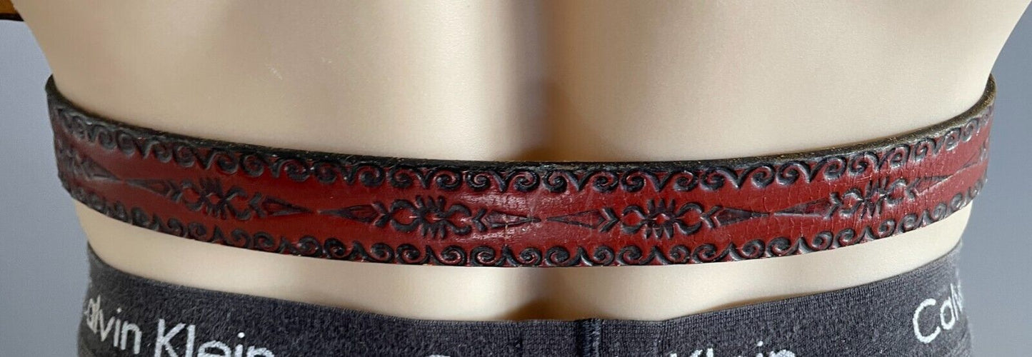 JUST JEANS Mens LEATHER Belt Etched Tan Western Cowboy Removable Sz 40 3cm Wide