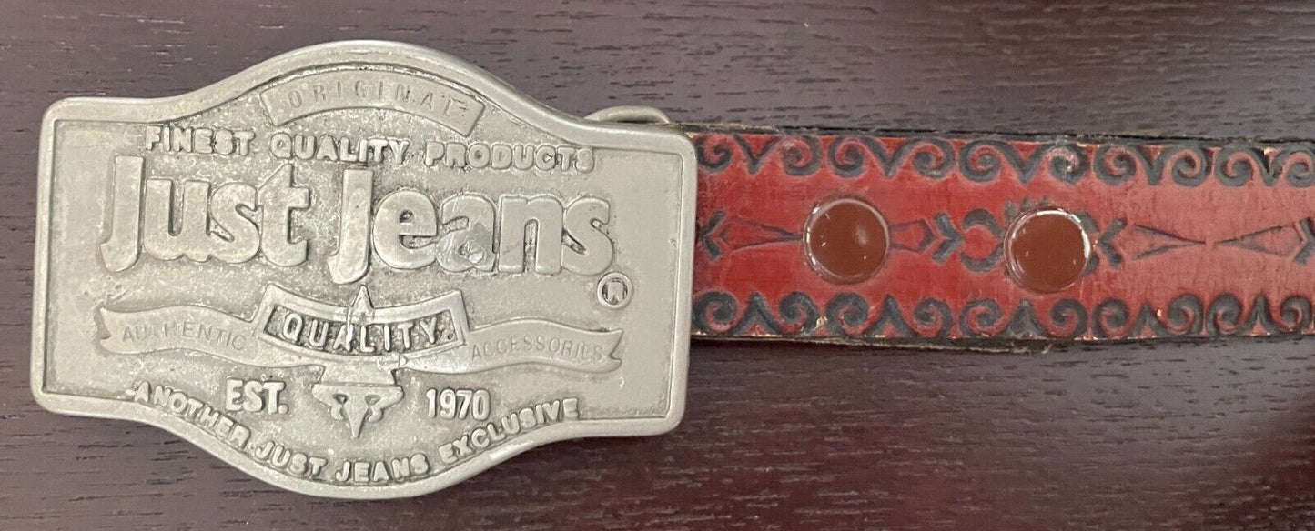 JUST JEANS Mens LEATHER Belt Etched Tan Western Cowboy Removable Sz 40 3cm Wide