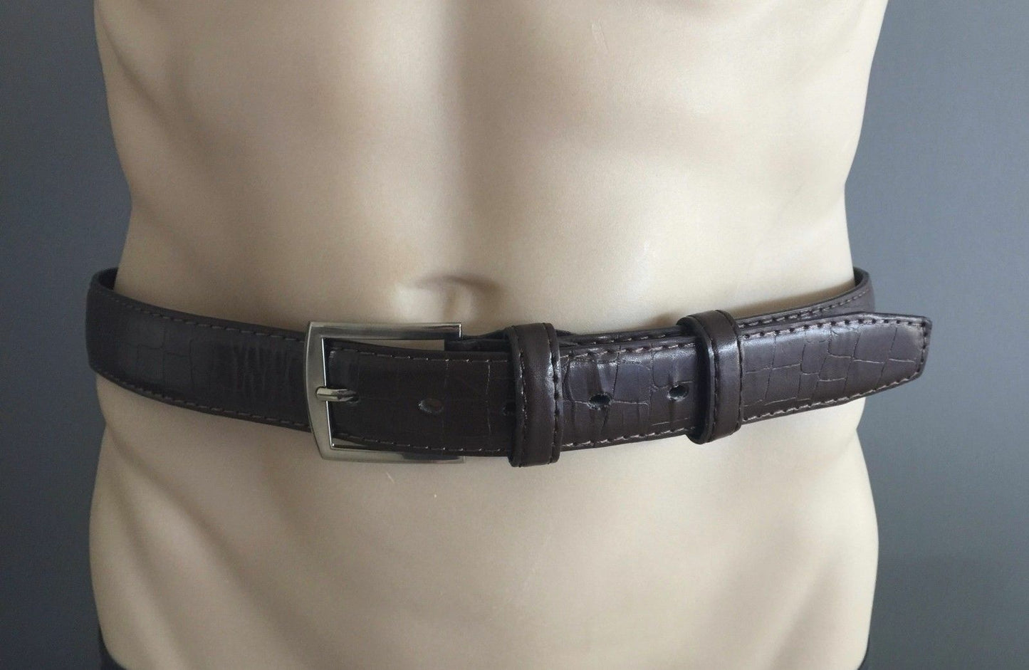 Mens LEATHER Belt Brown Crocodile Print Silver Metal Pin Buckle 100 cm 34cm