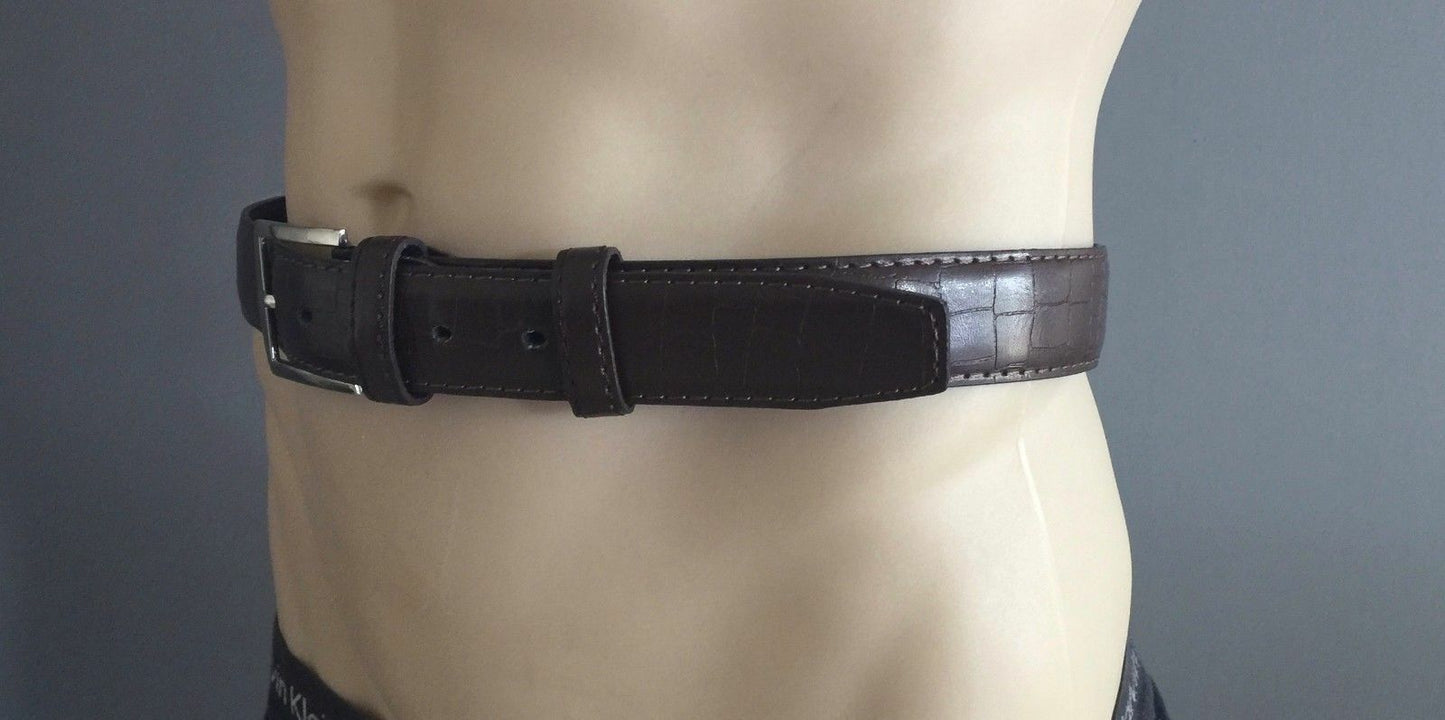 Mens LEATHER Belt Brown Crocodile Print Silver Metal Pin Buckle 100 cm 34cm